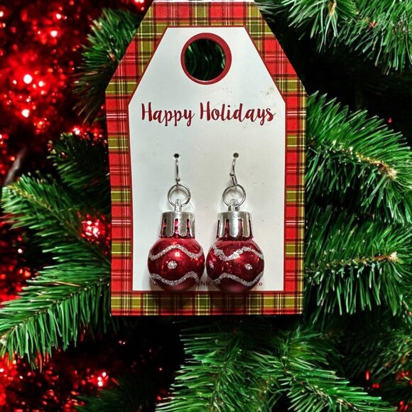 Holiday Ornament Dangle Earrings Red & Silver Hypoallergenic Christmas Festive - Picture 1 of 8